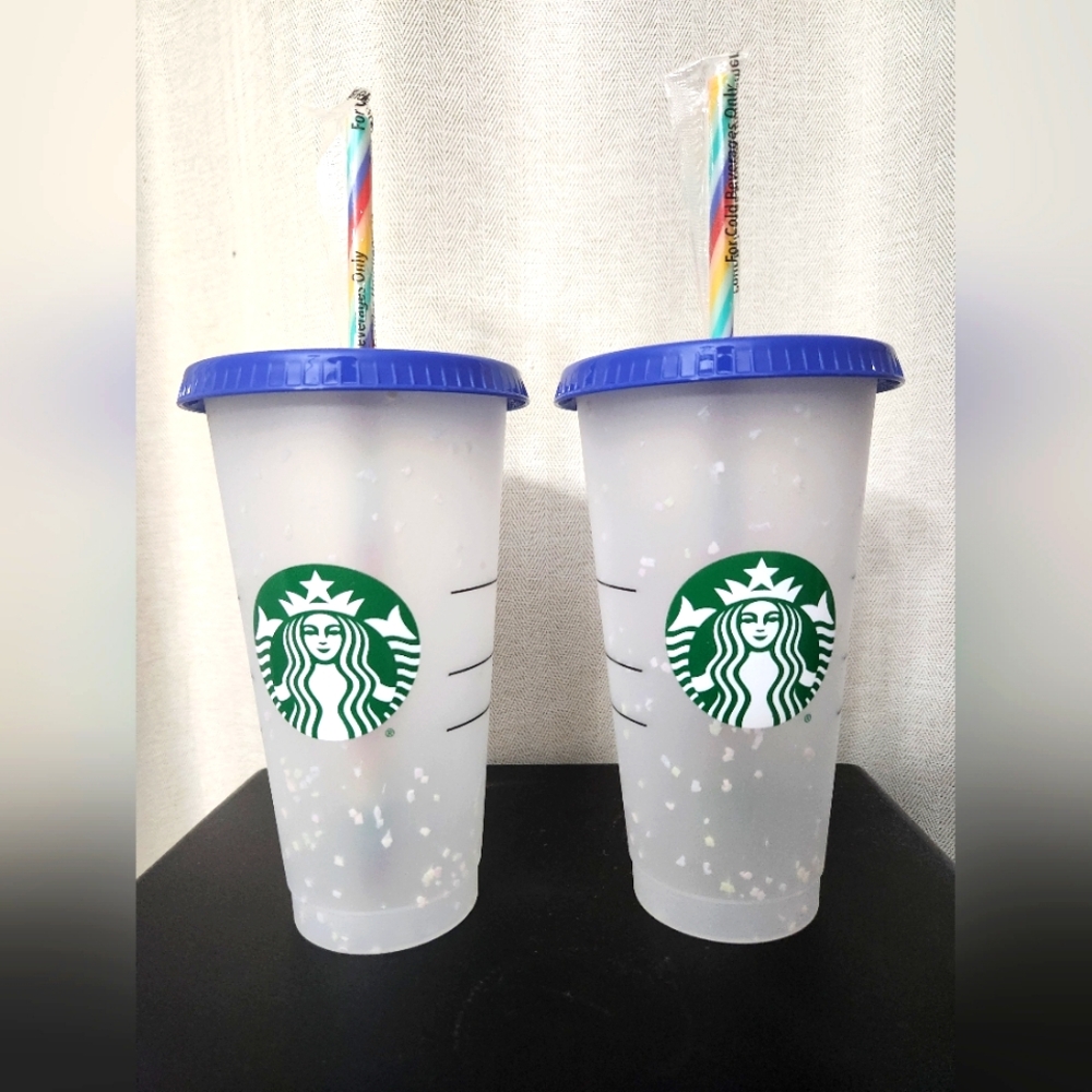 Starbucks- 2 color changing confetti Plastic Tumbler Cups.